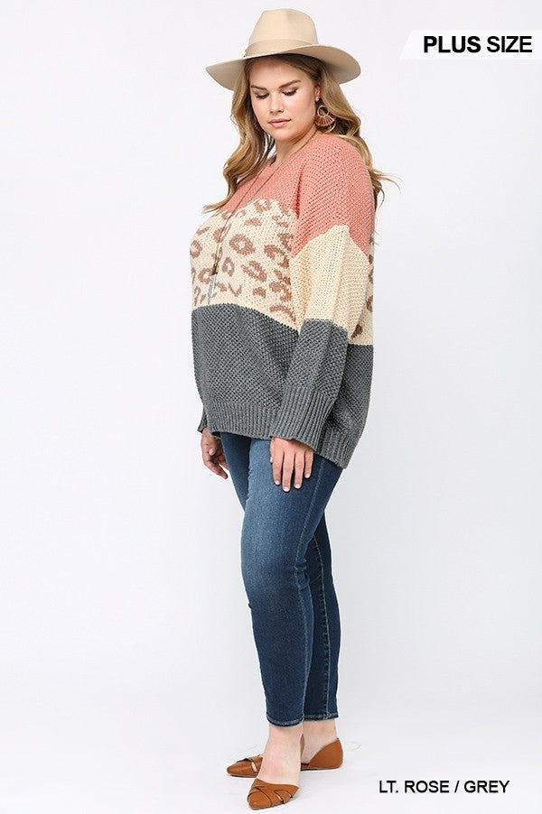 Color Block And Leopard Pattern Mixed Pullover Sweater