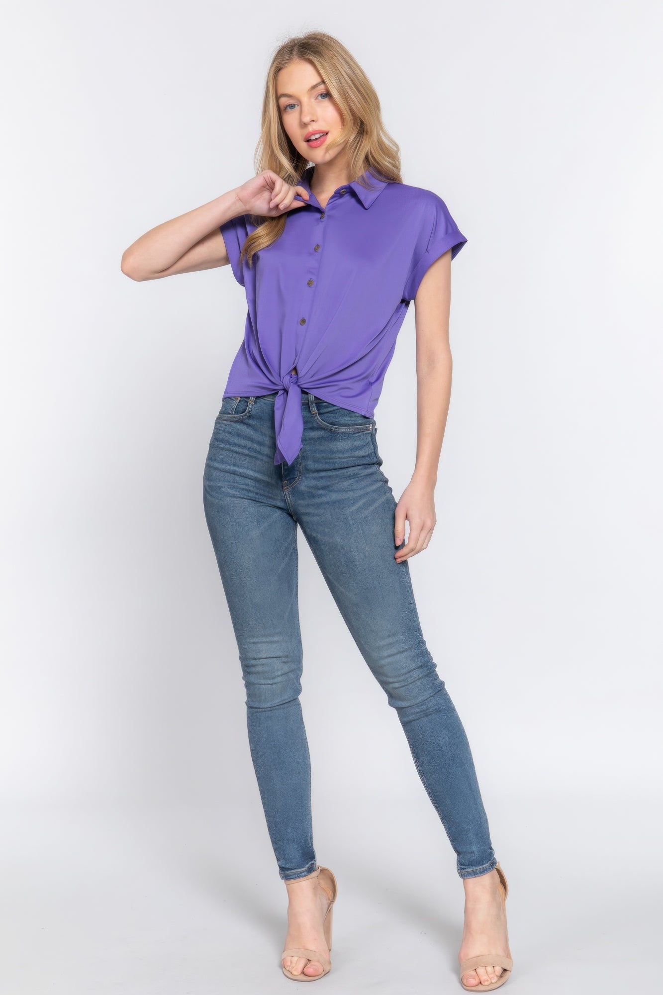 Short Slv Front Tie Stretch Ity  Top