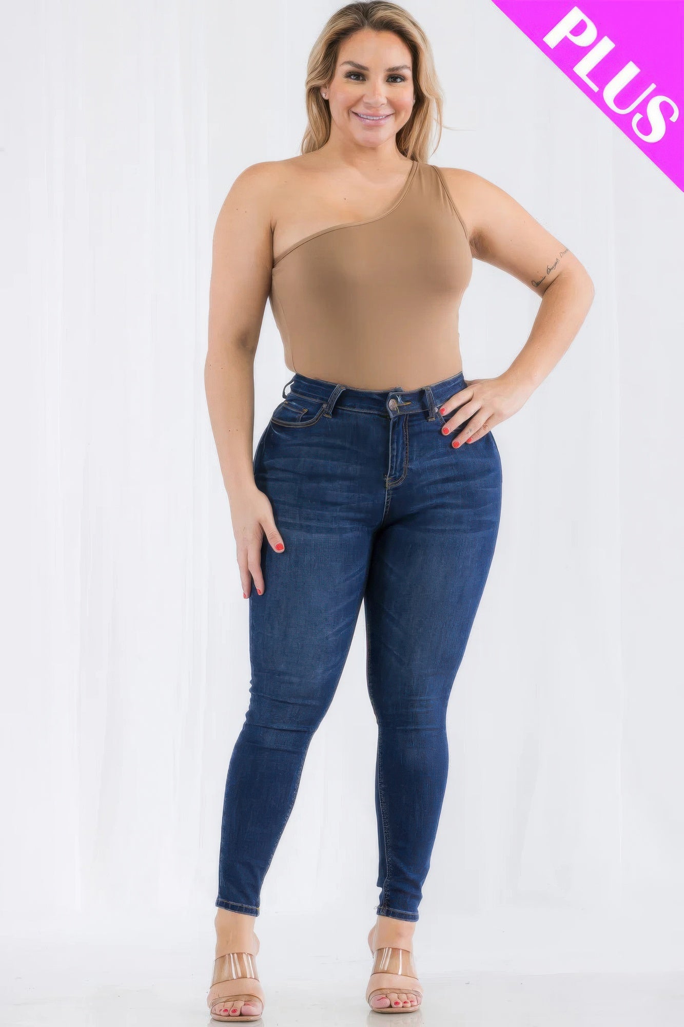 Plus size one shoulder solid casual bodysuit